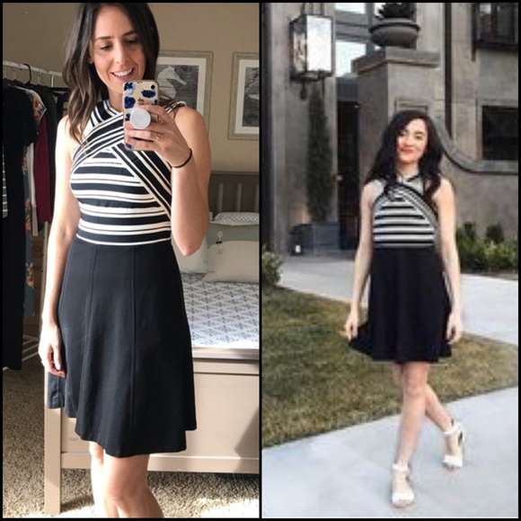 Anthro Maeve Bandage Stripe High Neck A-Line Flare Dress - Picture 3 of 7